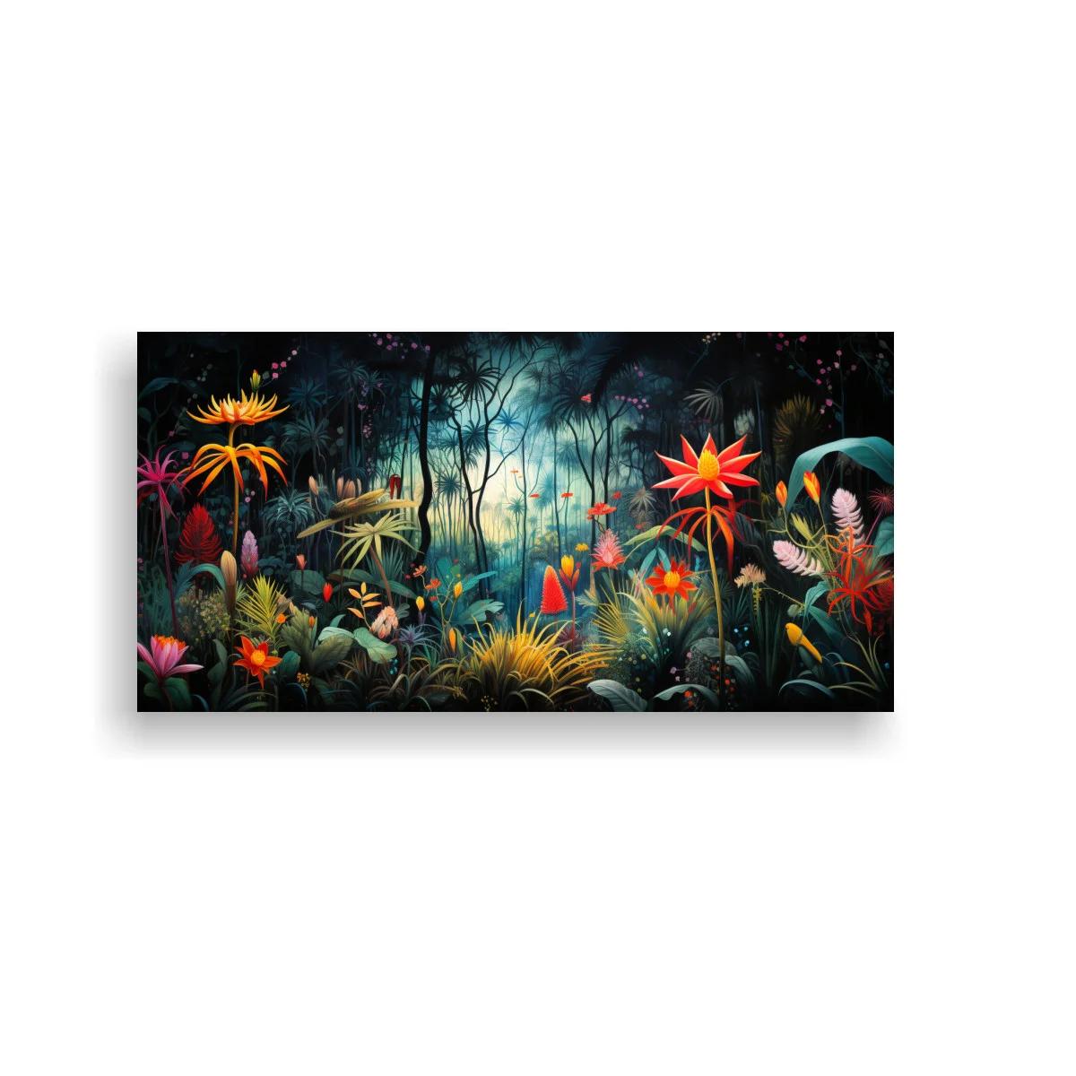 Cuadro selva tropical con helechos y flores exóticas