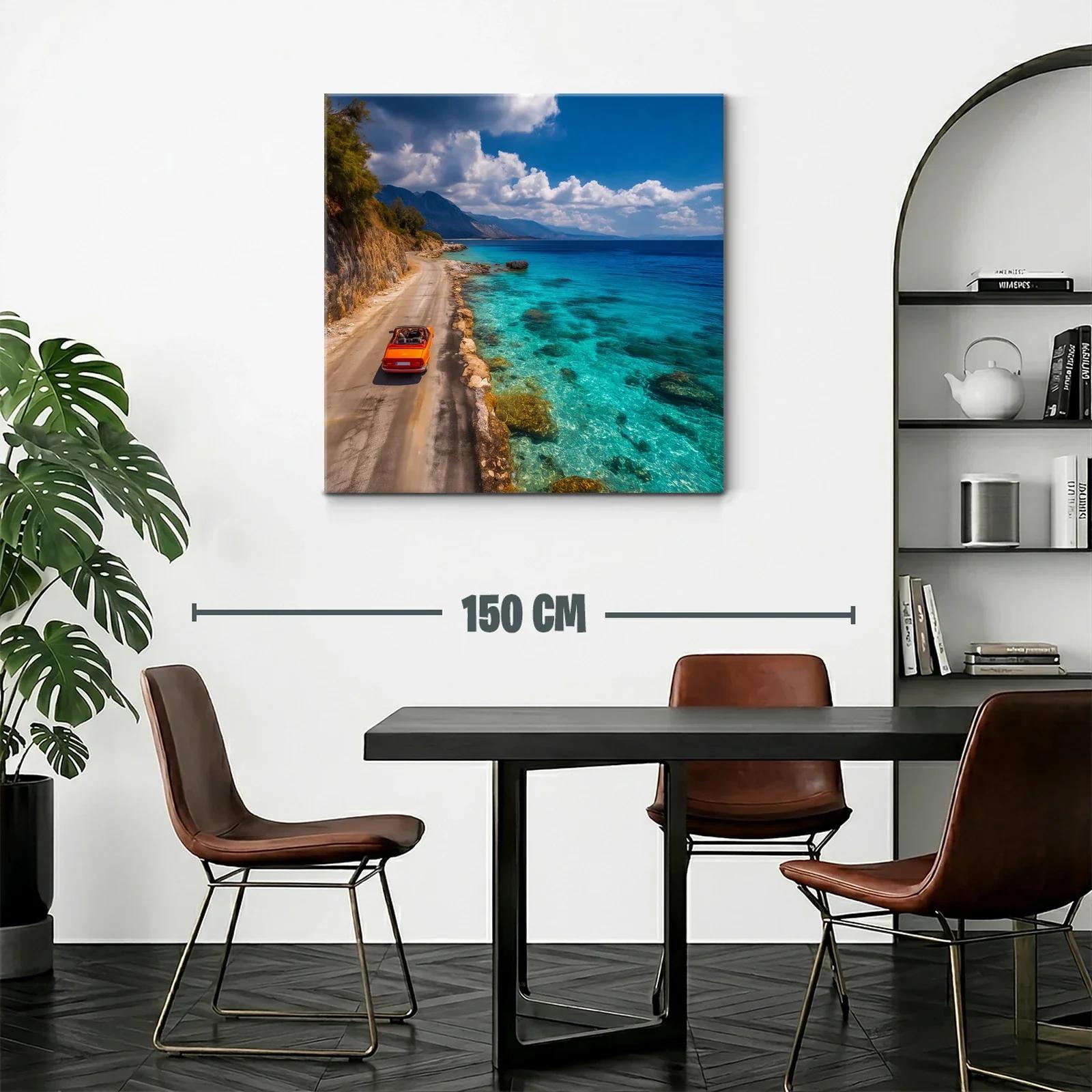 Paisaje costero con coche rojo y mar turquesa brillante — miniatura 2