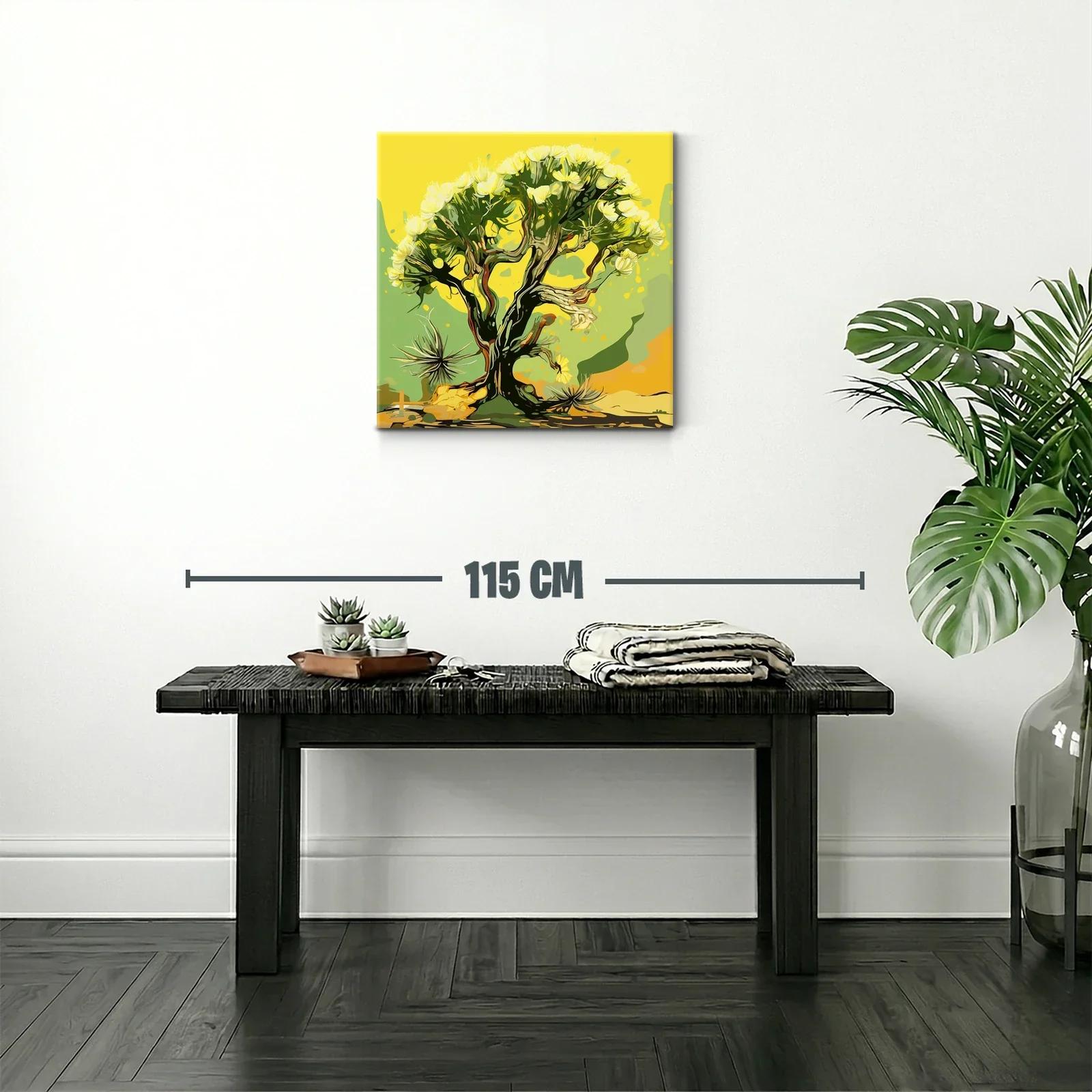 Árbol con Flores Amarillas en Fondo Abstracto Verde — miniatura 2