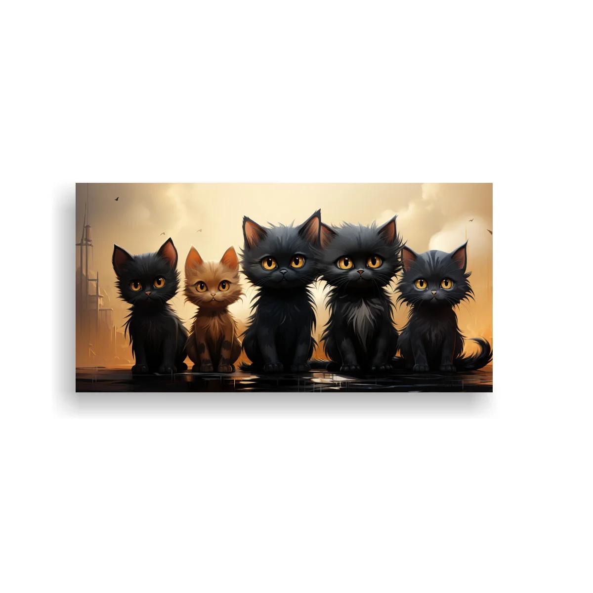 Cuadro grupo de gatitos negros con charcos y luz cálida
