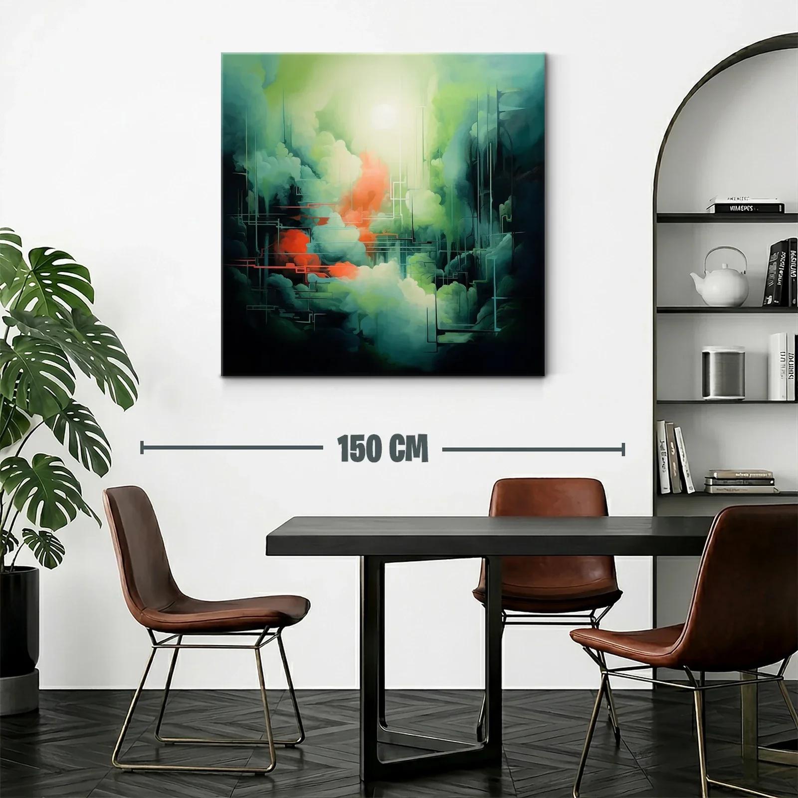 Cuadro abstracto con tonos verdes y toques cálidos vibrantes — miniatura 2