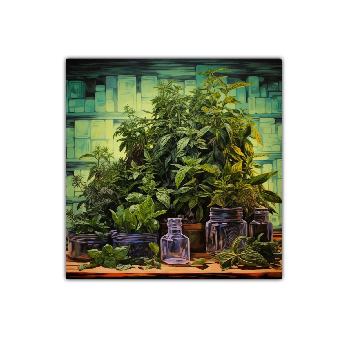 Cuadro decorativo con plantas y frascos de cristal sobre mesa — imagen principal
