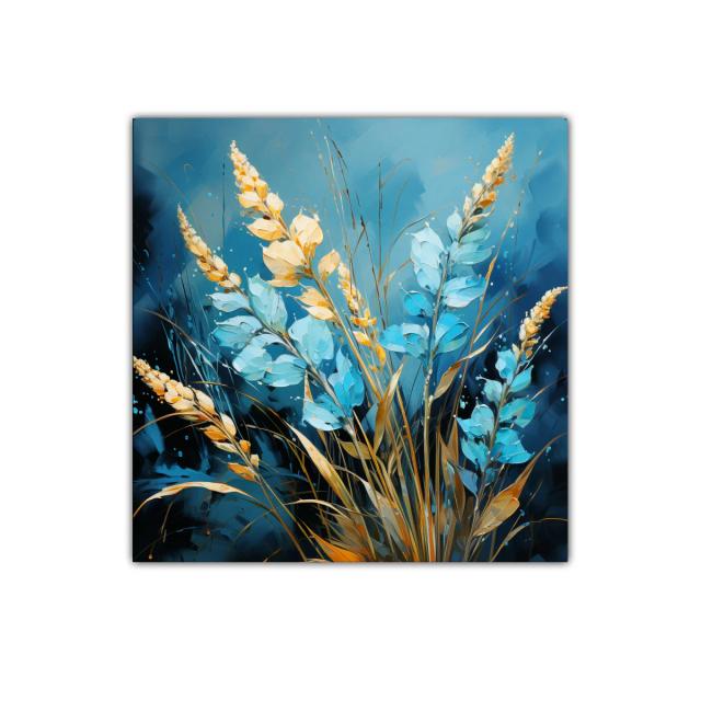 Ramo de flores azules y doradas en fondo profundo