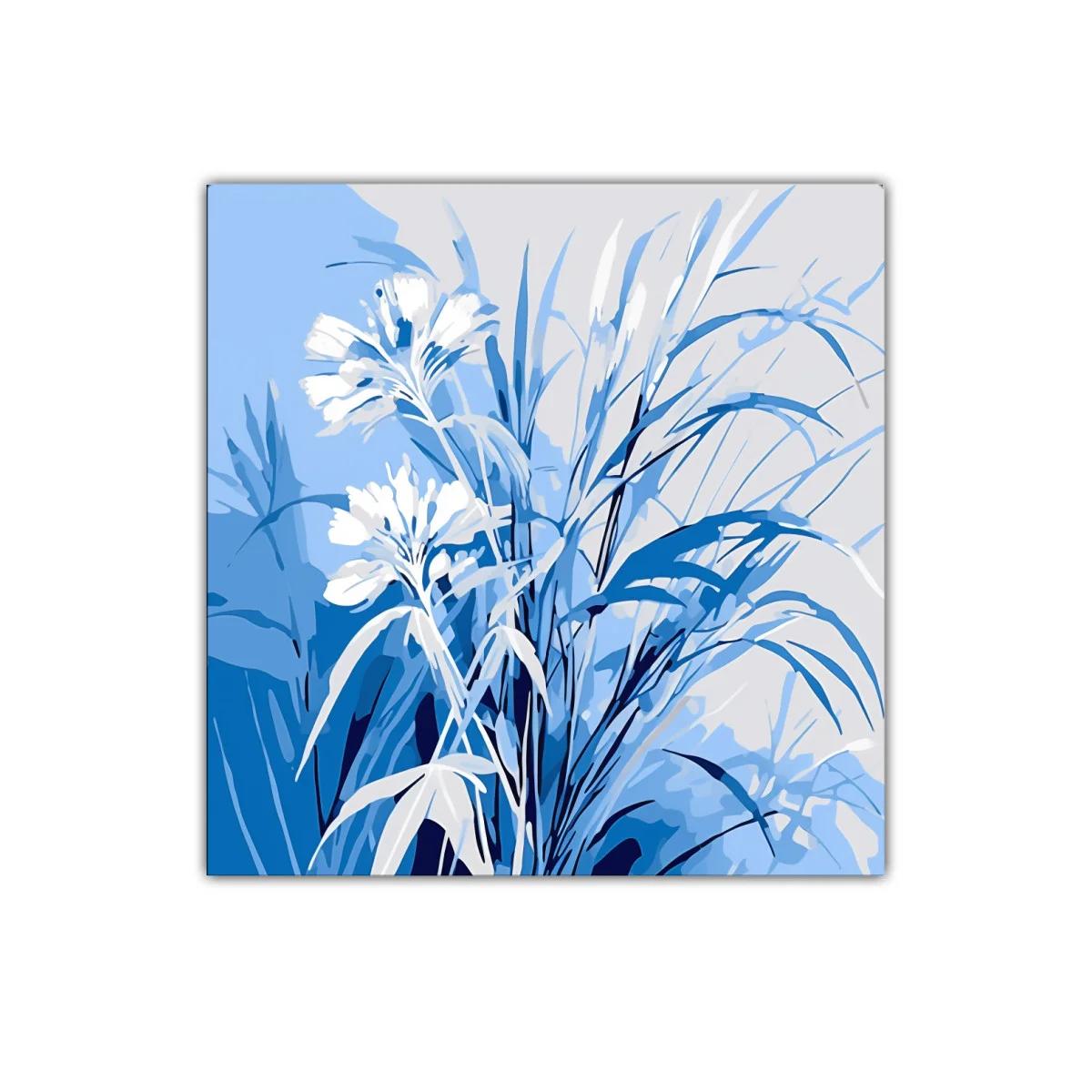 Cuadro decorativo flores y hojas en tonos azules suaves — imagen principal