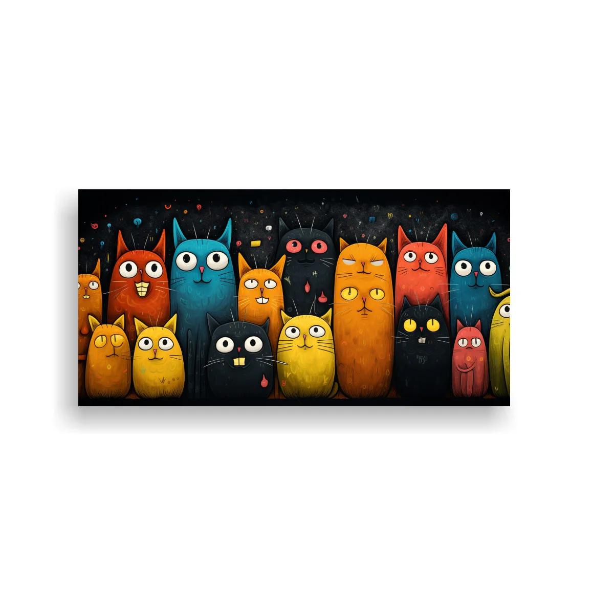Cuadro grupo de gatos de colores con luna creciente