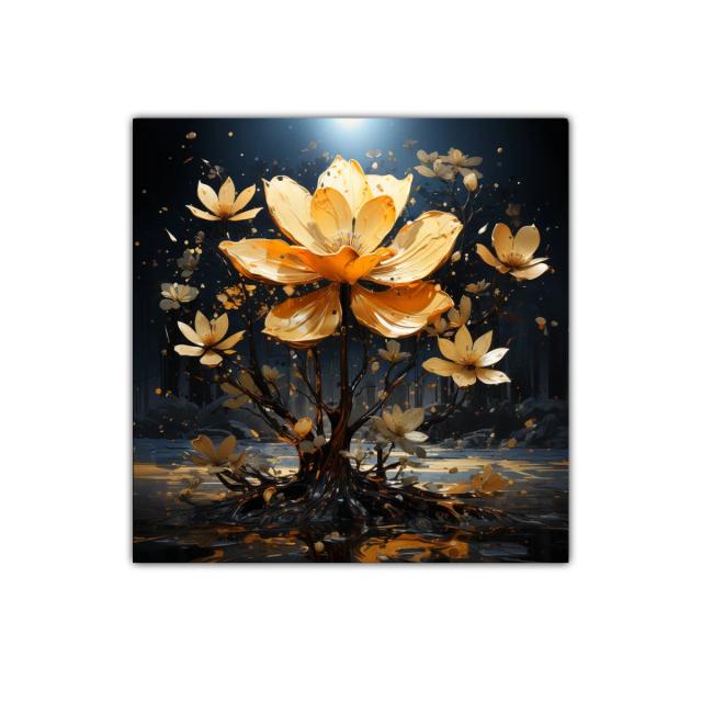 Flor dorada iluminada en paisaje nocturno mágico