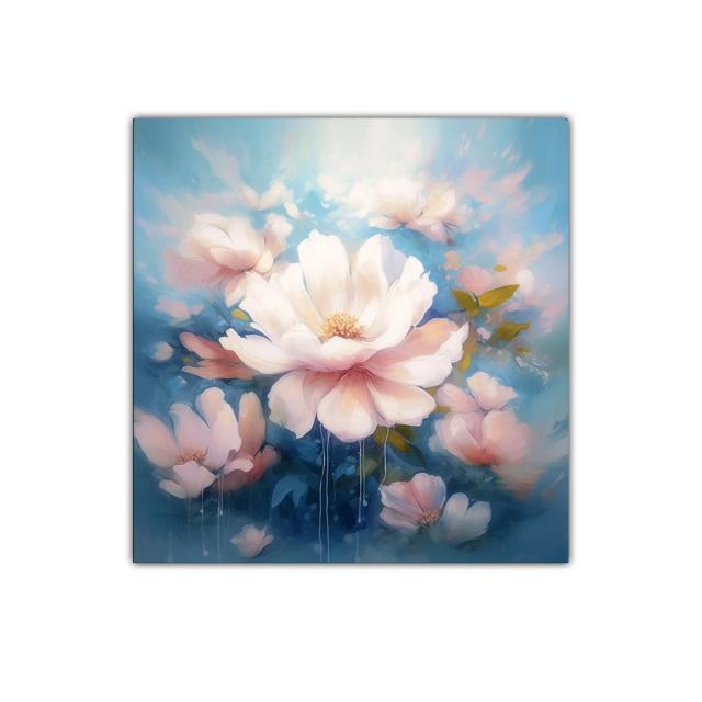 Cuadro decorativo flores blancas con fondo azul y rosa