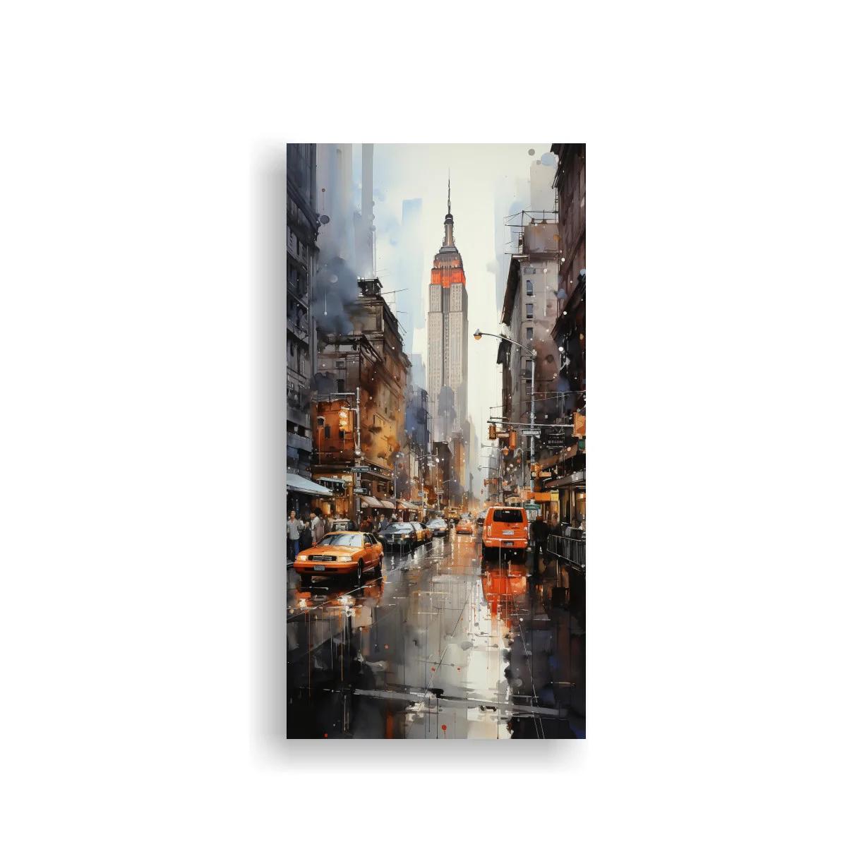 Cuadro Empire State Building con avenida lluviosa y taxis — imagen principal