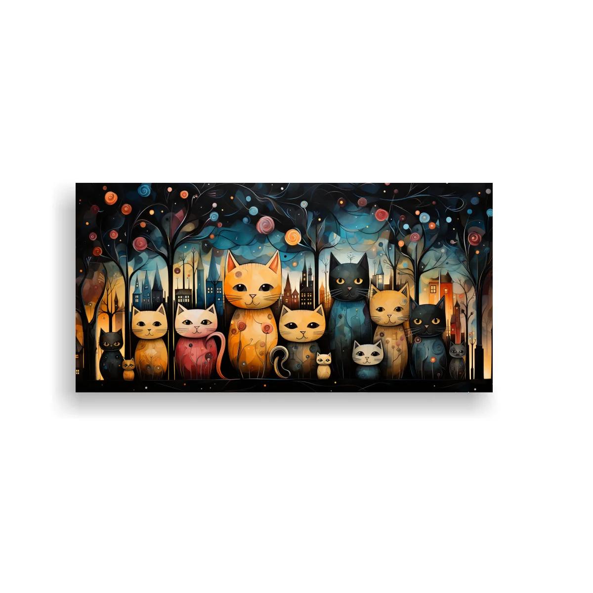 Cuadro grupo de gatos con casas iluminadas y cielo nocturno