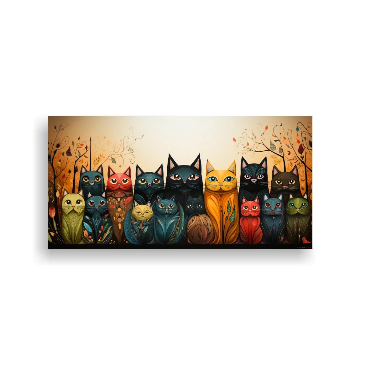Cuadro grupo de gatos de colores con búho pequeño