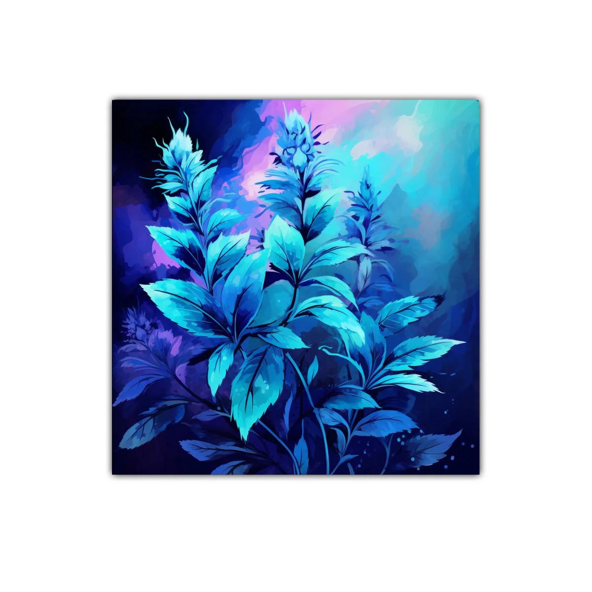 Cuadro decorativo con hojas luminosas en tonos azules intensos