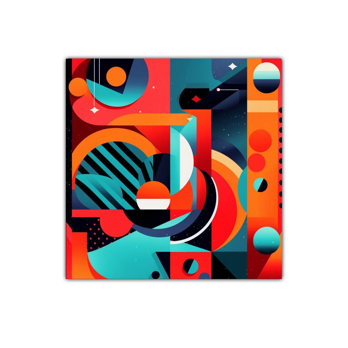 Composición geométrica vibrante con tonos cálidos y contrastes frescos