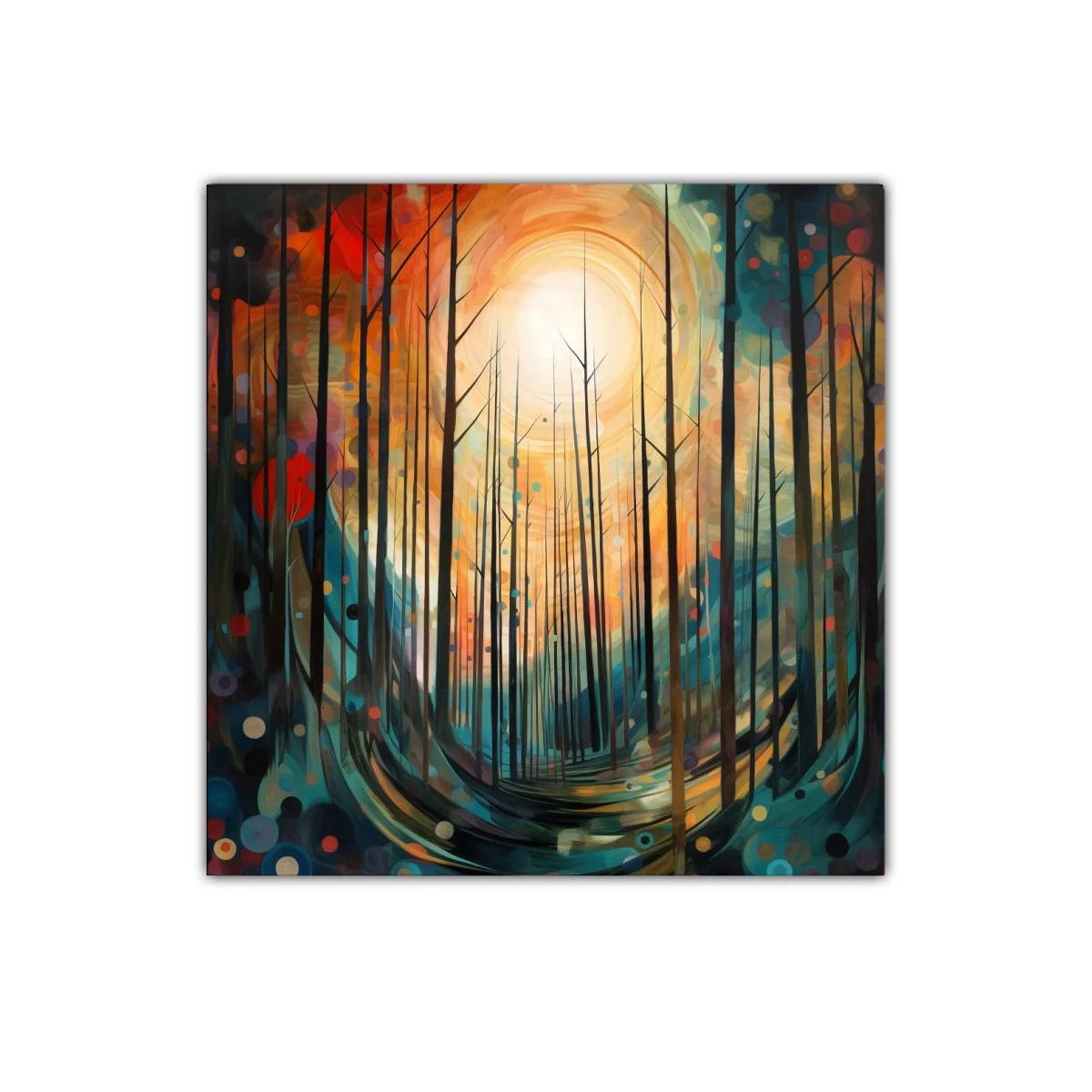 Bosque iluminado con destellos de color vibrante y luz cálida