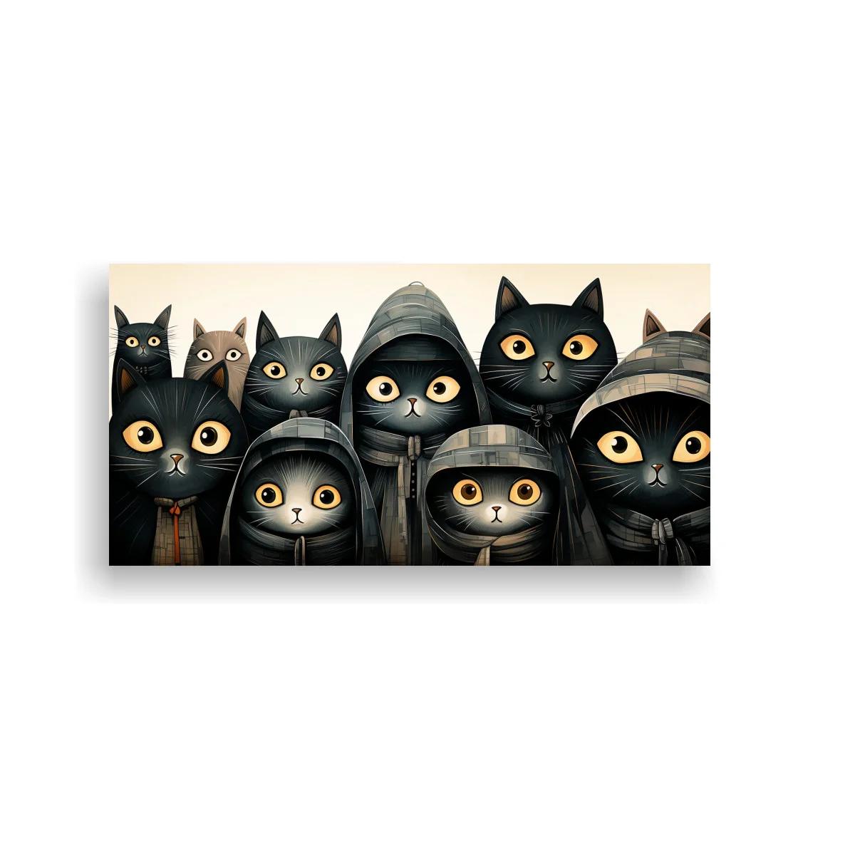 Cuadro grupo de gatos negros con capucha y ojos amarillos