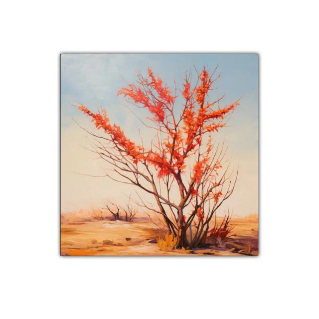 Árbol otoñal con hojas rojas sobre paisaje cálido