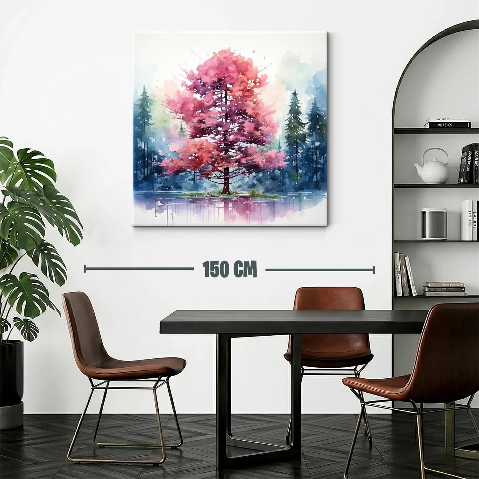 Árbol rosa en lago con fondo de pinos azules y verdes — miniatura 2
