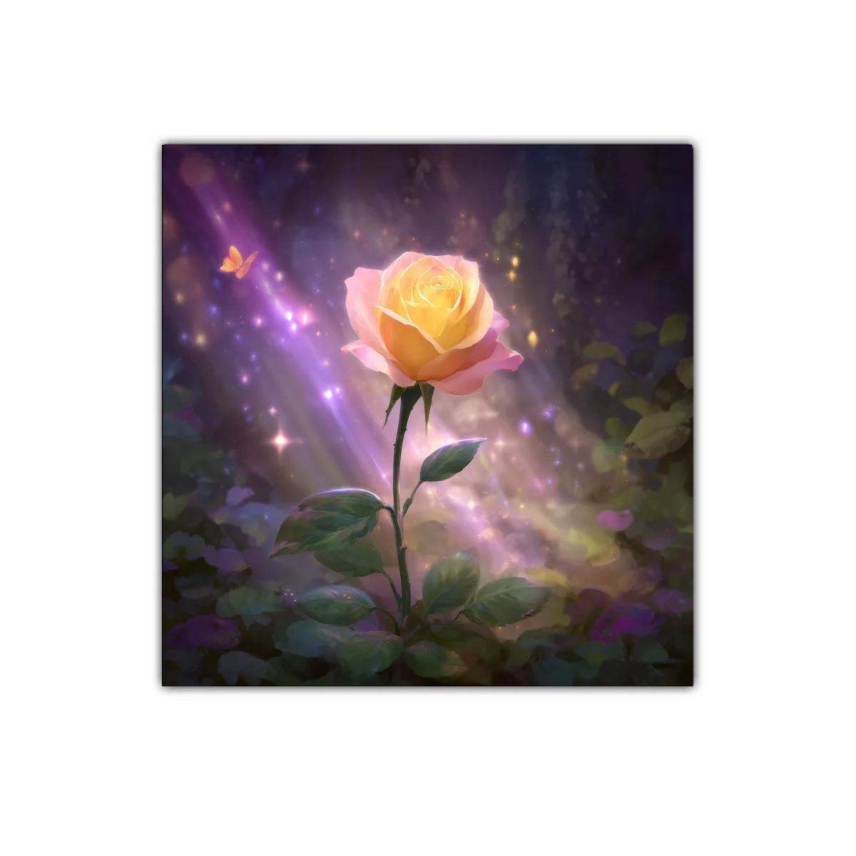 Rosa luminosa en jardín encantado con mariposa dorada — imagen principal