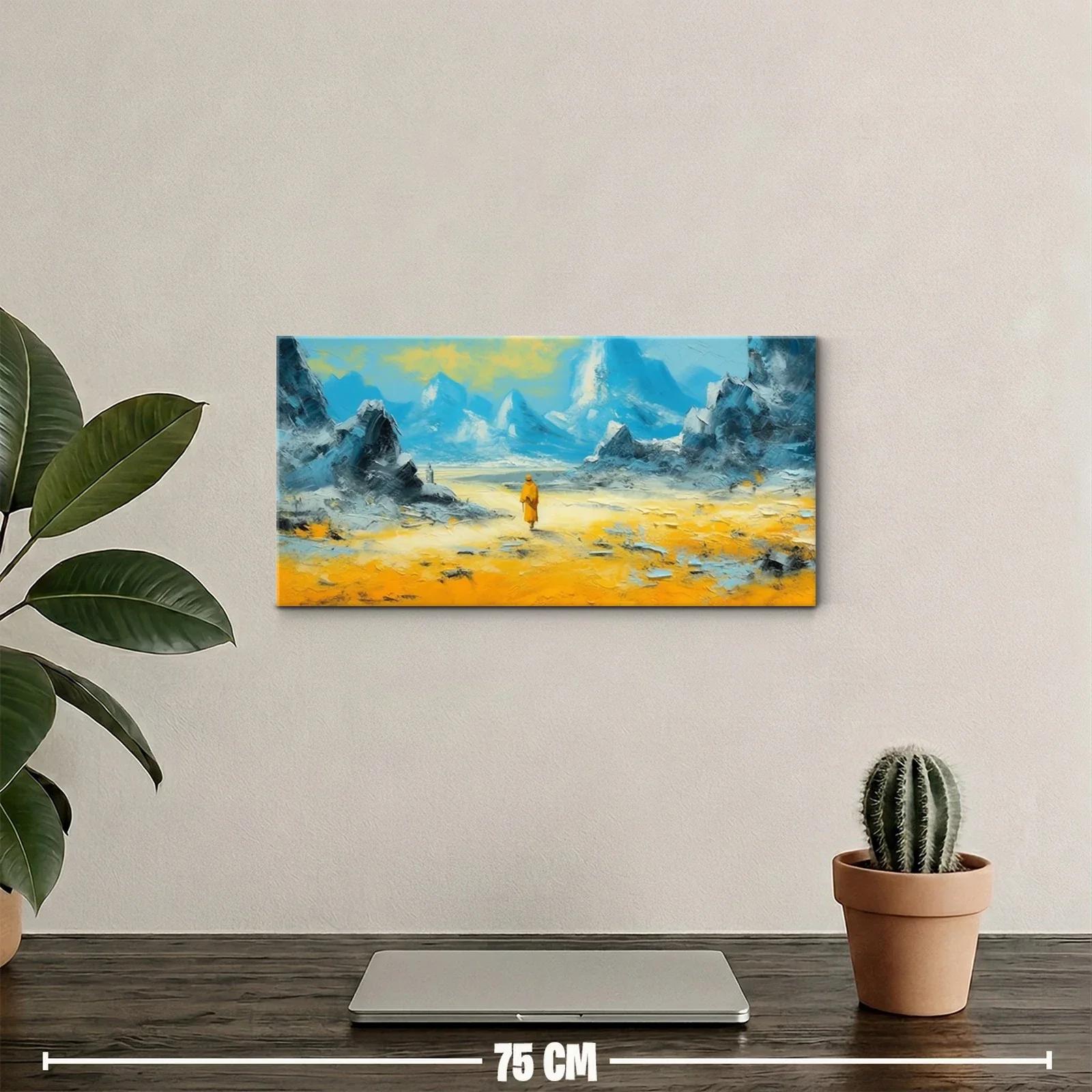 Cuadro figura humana solitaria con abrigo amarillo en paisaje — miniatura 2