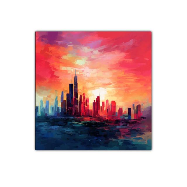 Cityscape at Sunset con vibrantes tonos cálidos y fríos