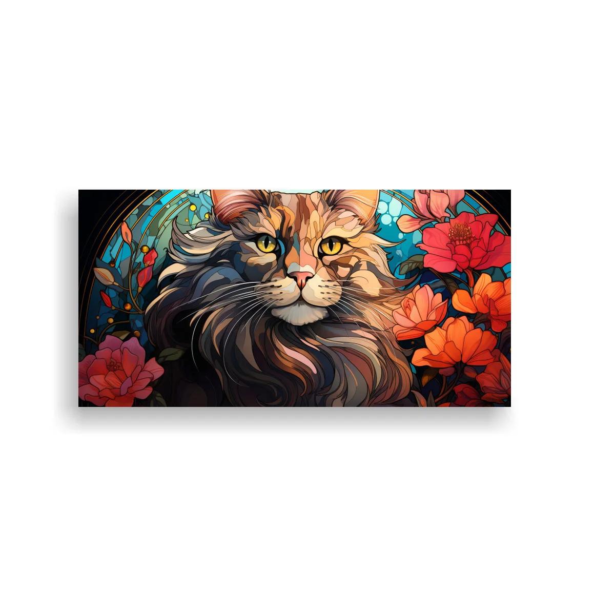Cuadro retrato felino rodeado de flores