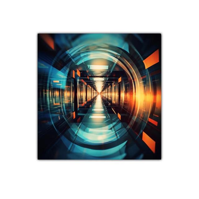 Perspectiva futurista con luces cálidas y formas geométricas