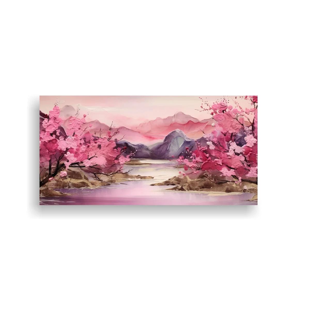 Cuadro paisaje con cerezos en flor y agua tranquila — imagen principal