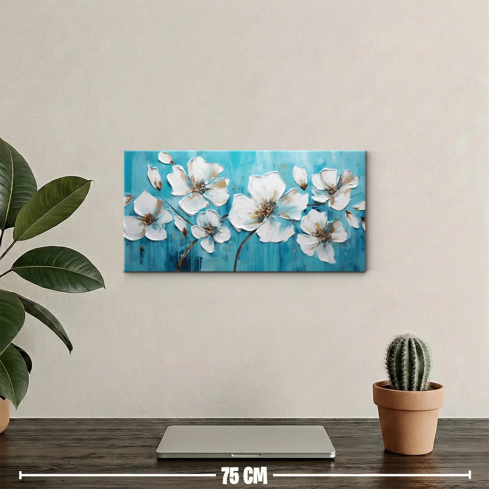 Cuadro flores blancas tipo magnolia sobre fondo turquesa — miniatura 2