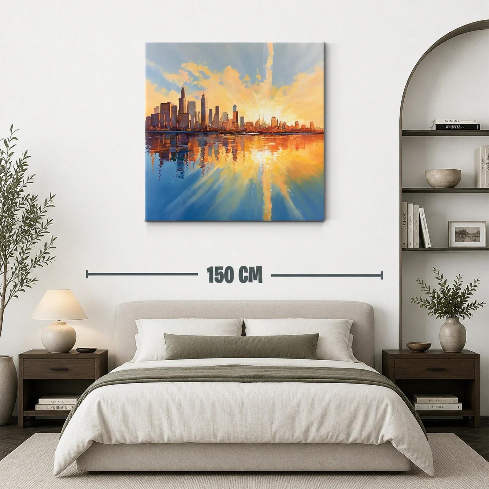 Atardecer vibrante sobre horizonte urbano reflejado en agua — miniatura 3