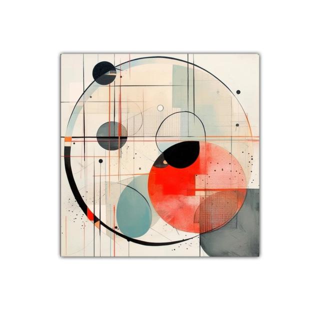 Cuadro abstracto geométrico con círculos y líneas dinámicas