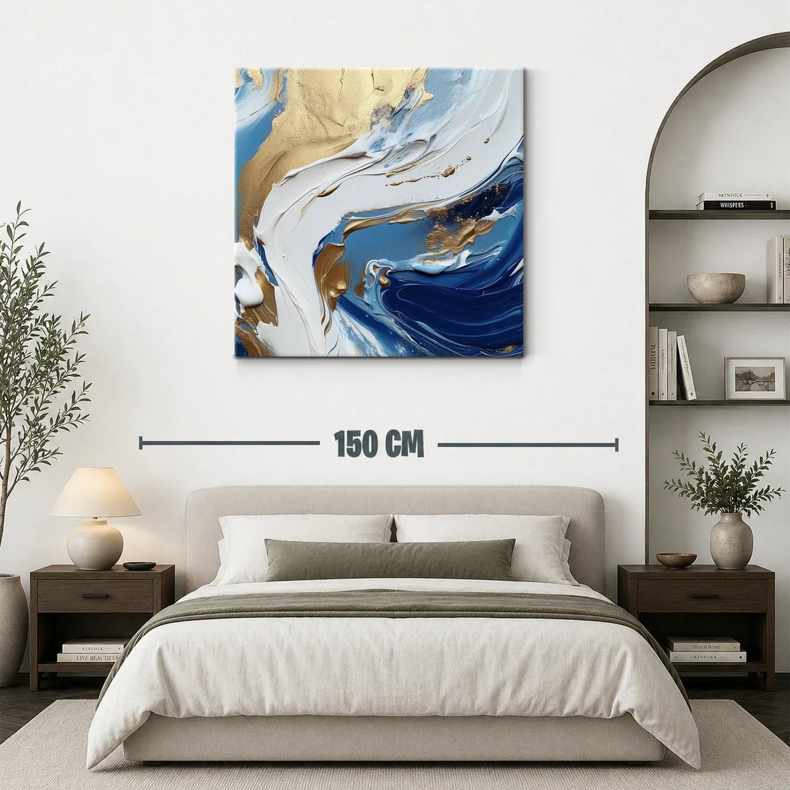 Cuadro abstracto con tonos dorados y azules en movimiento — miniatura 3