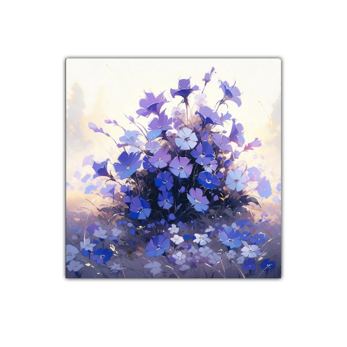 Cuadro floral en tonos azules y lilas para decoración elegante