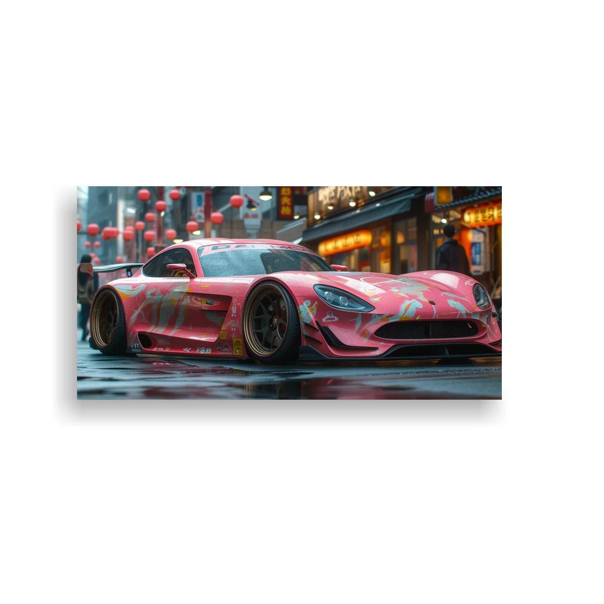 Cuadro coche deportivo rosa con neón urbano
