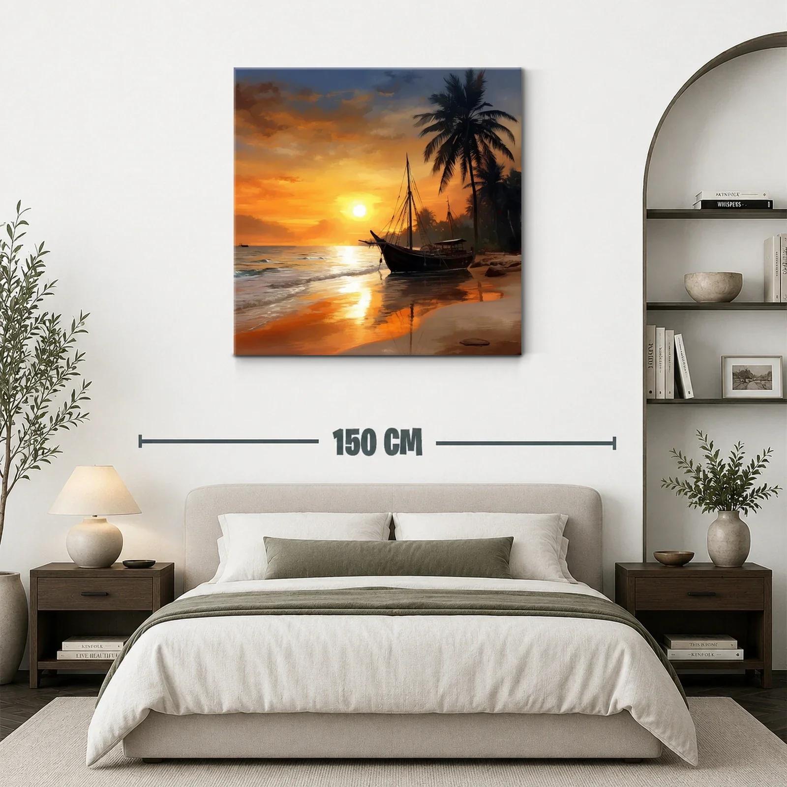 Atardecer en la playa con barco y palmeras — miniatura 3