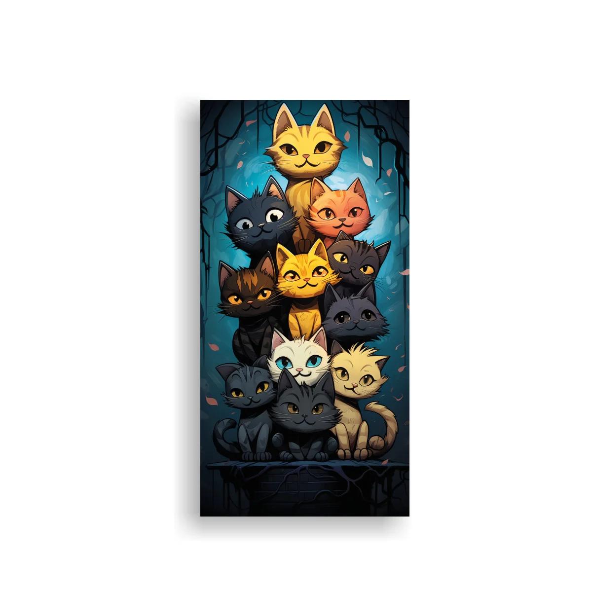Cuadro grupo de gatos apilados entre ramas oscuras — imagen principal