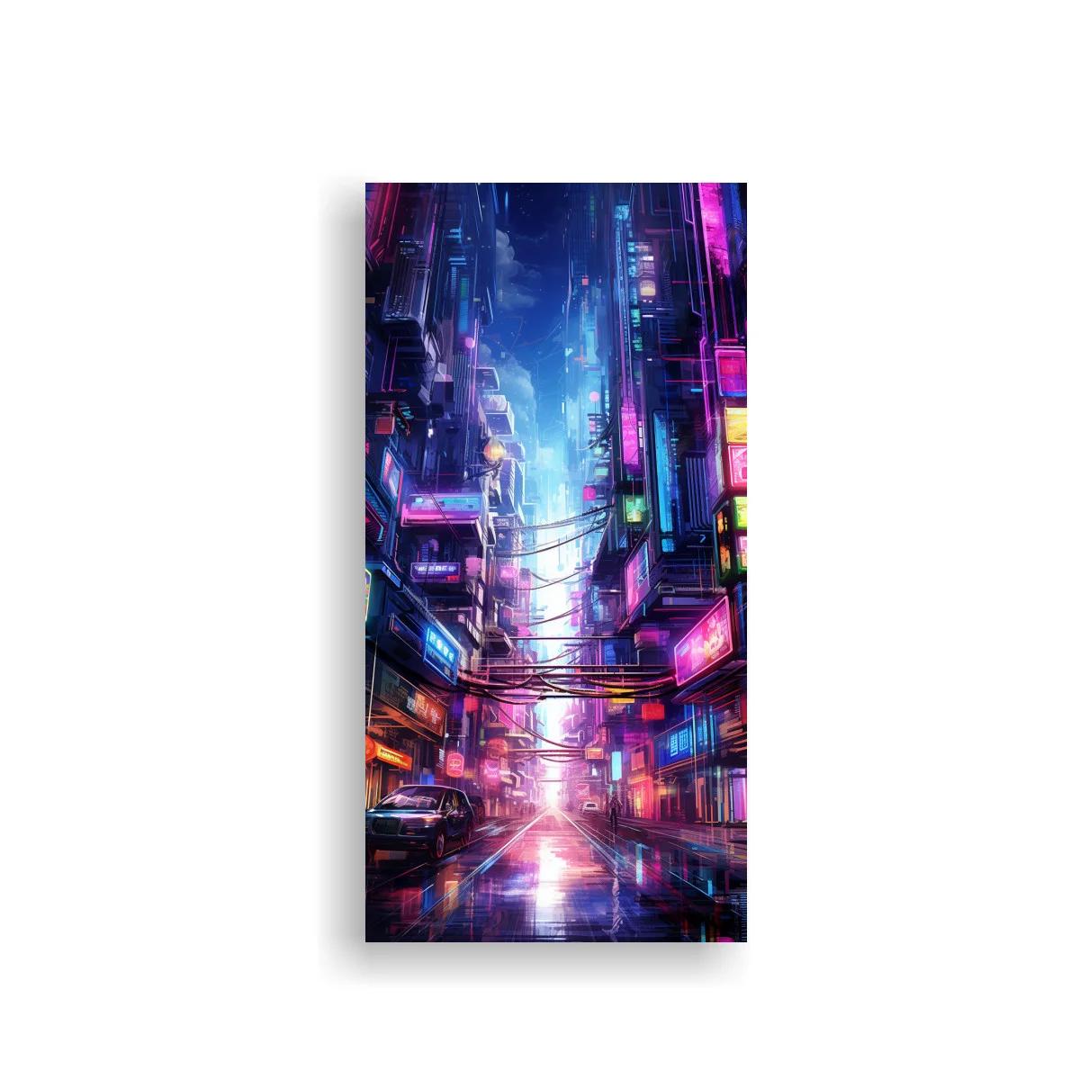 Cuadro callejón urbano futurista con neón rosa y azul
