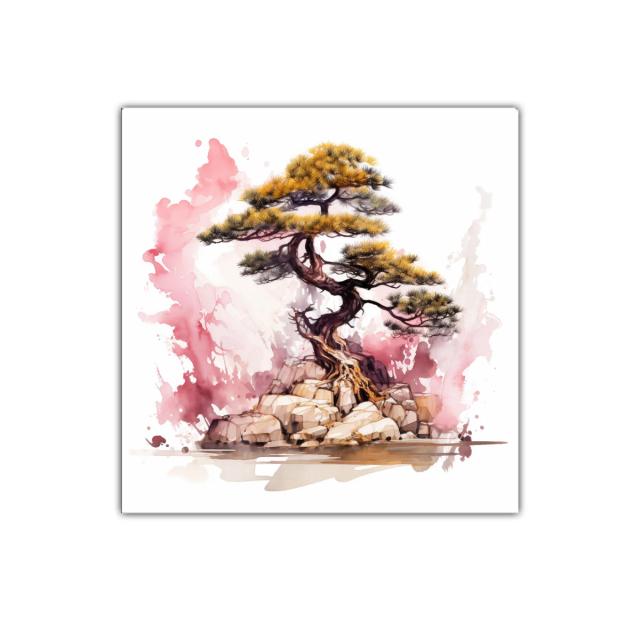 Árbol bonsái sobre rocas con fondo acuarelado rosa