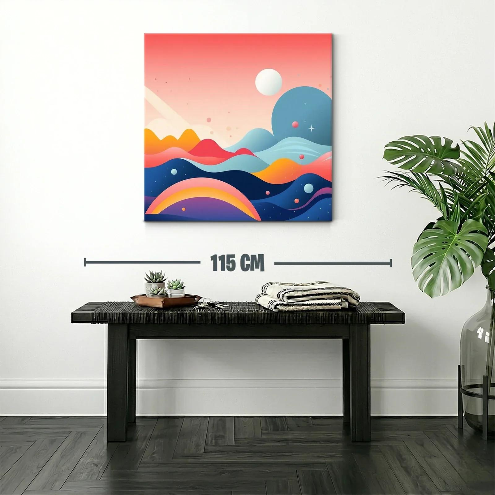 Cuadro abstracto con montañas y planetas en tonos vibrantes — miniatura 2