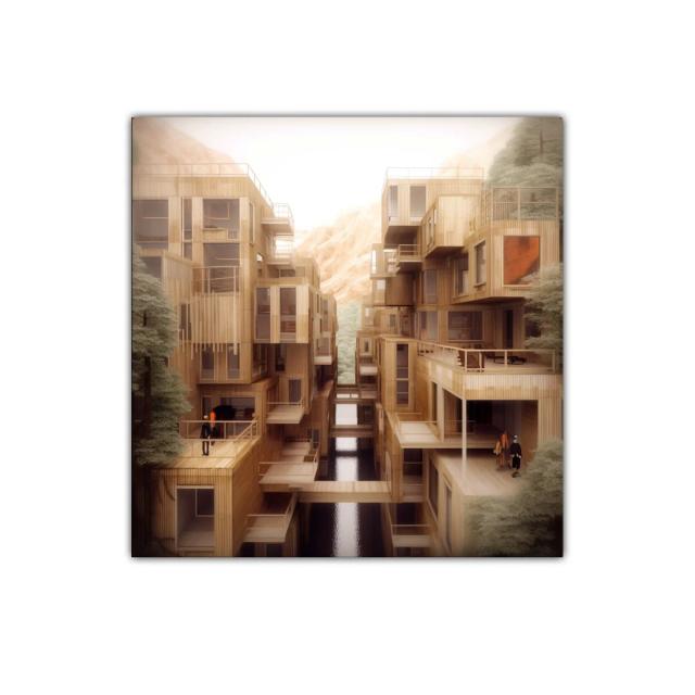 Arquitectura moderna con detalles en madera y reflejos naturales