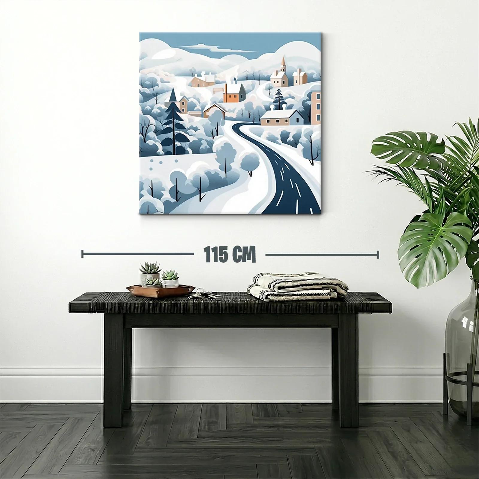 Paisaje invernal con carretera serpenteante y casas — miniatura 2