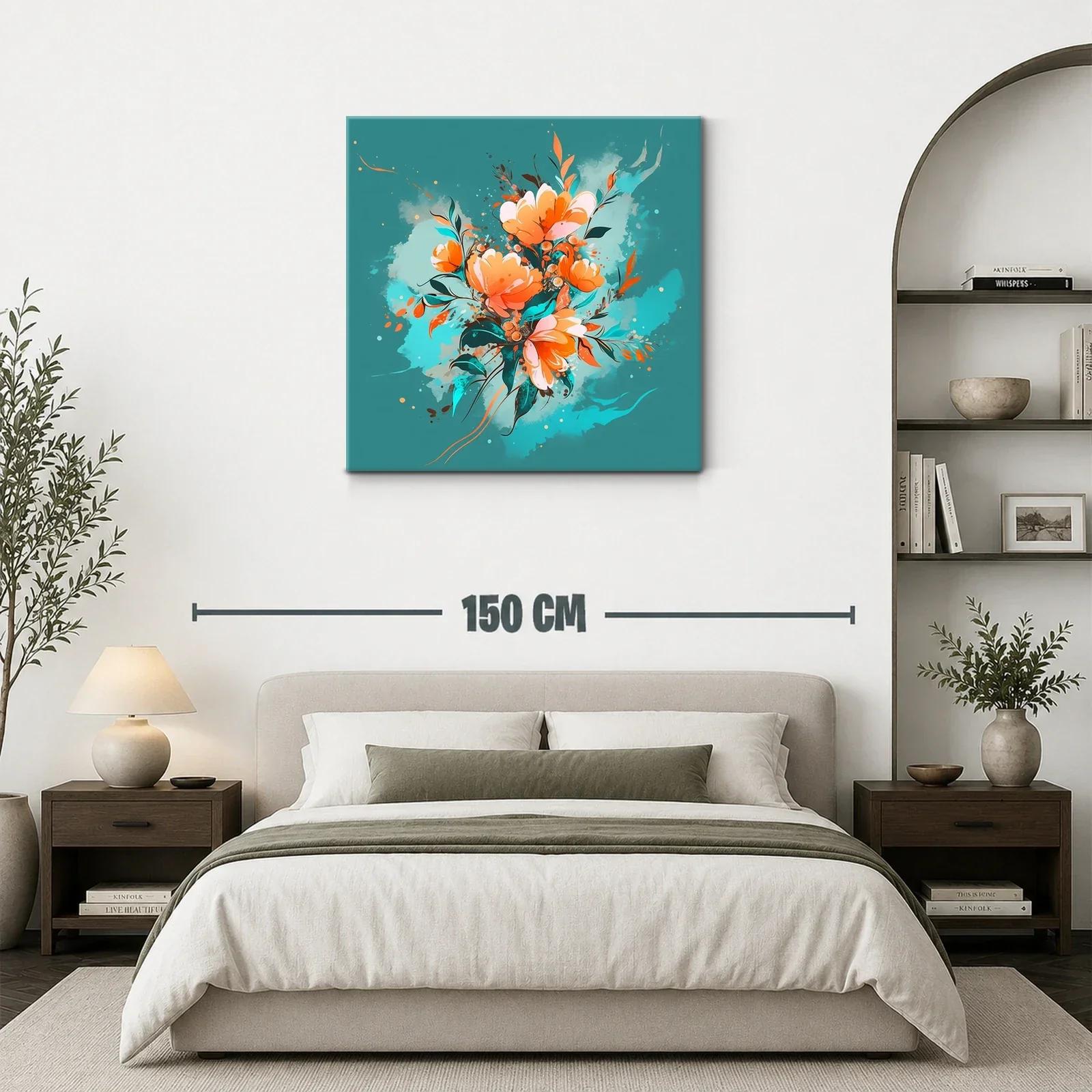 Cuadro Floral con tonos cálidos y fondo turquesa vibrante — miniatura 3