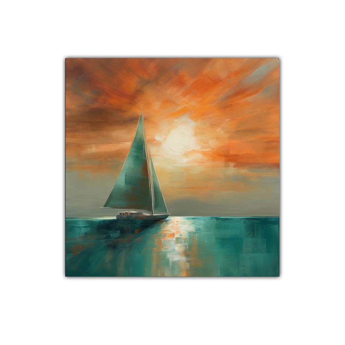 Velero navegando al atardecer con tonos cálidos y marinos