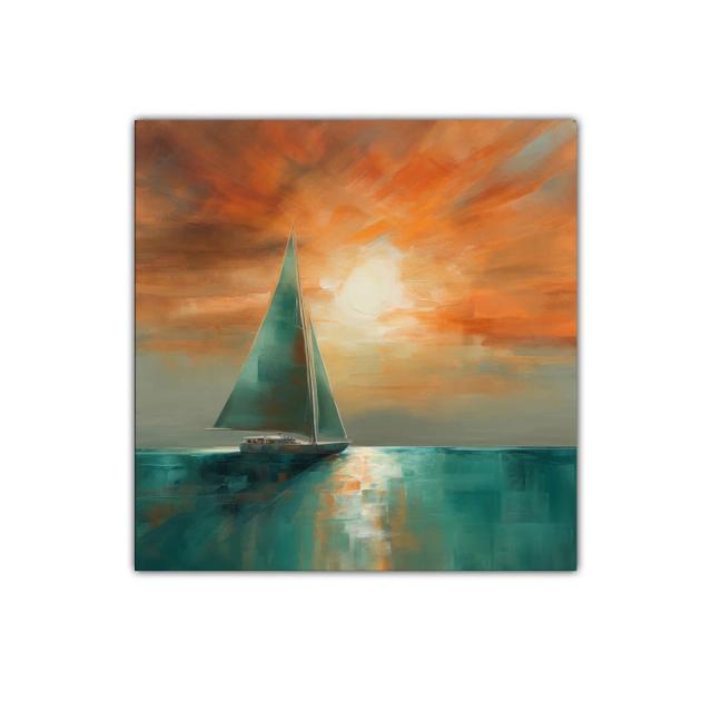 Velero navegando al atardecer con tonos cálidos y marinos