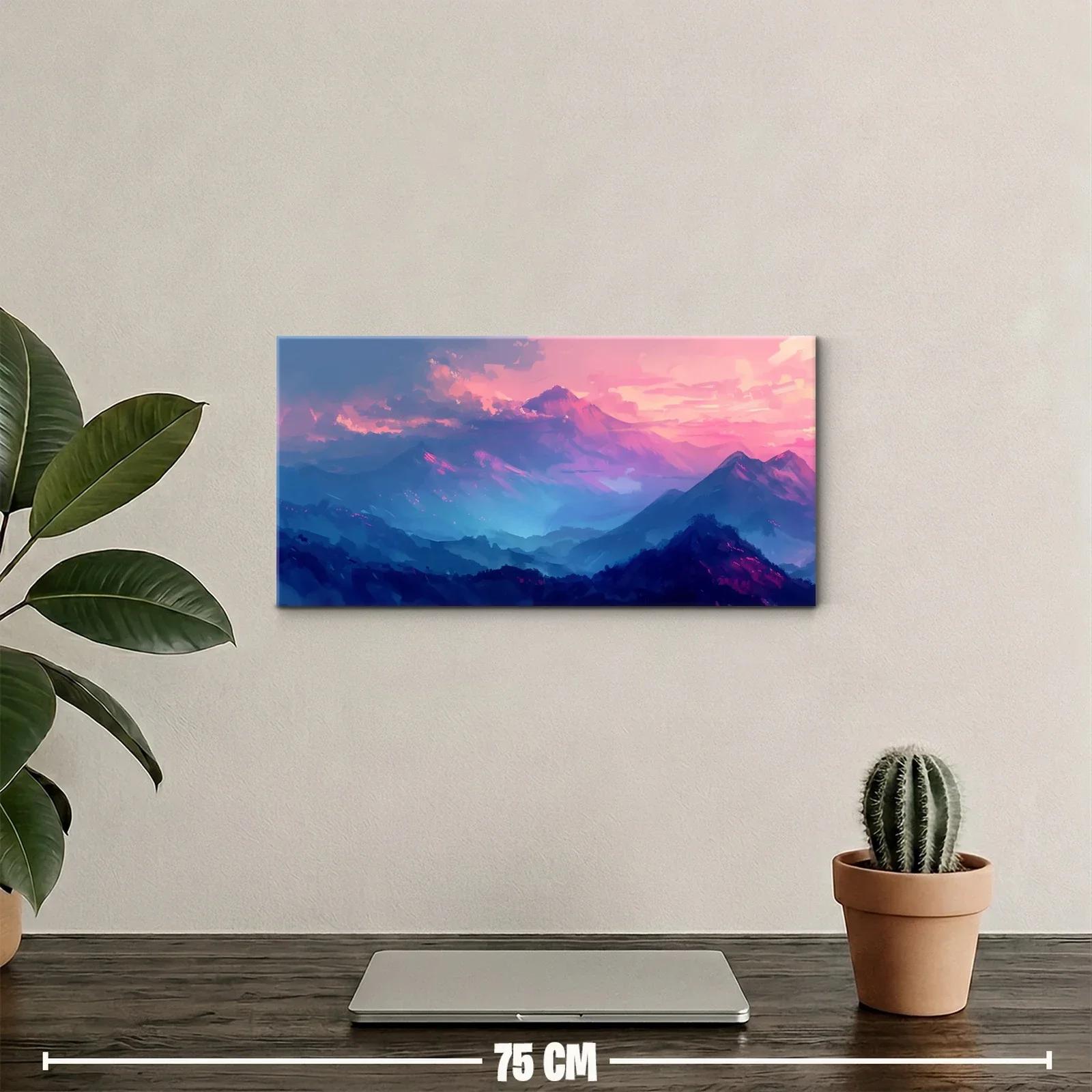 Cuadro cordillera de montañas con cielo rosado y violeta — miniatura 2