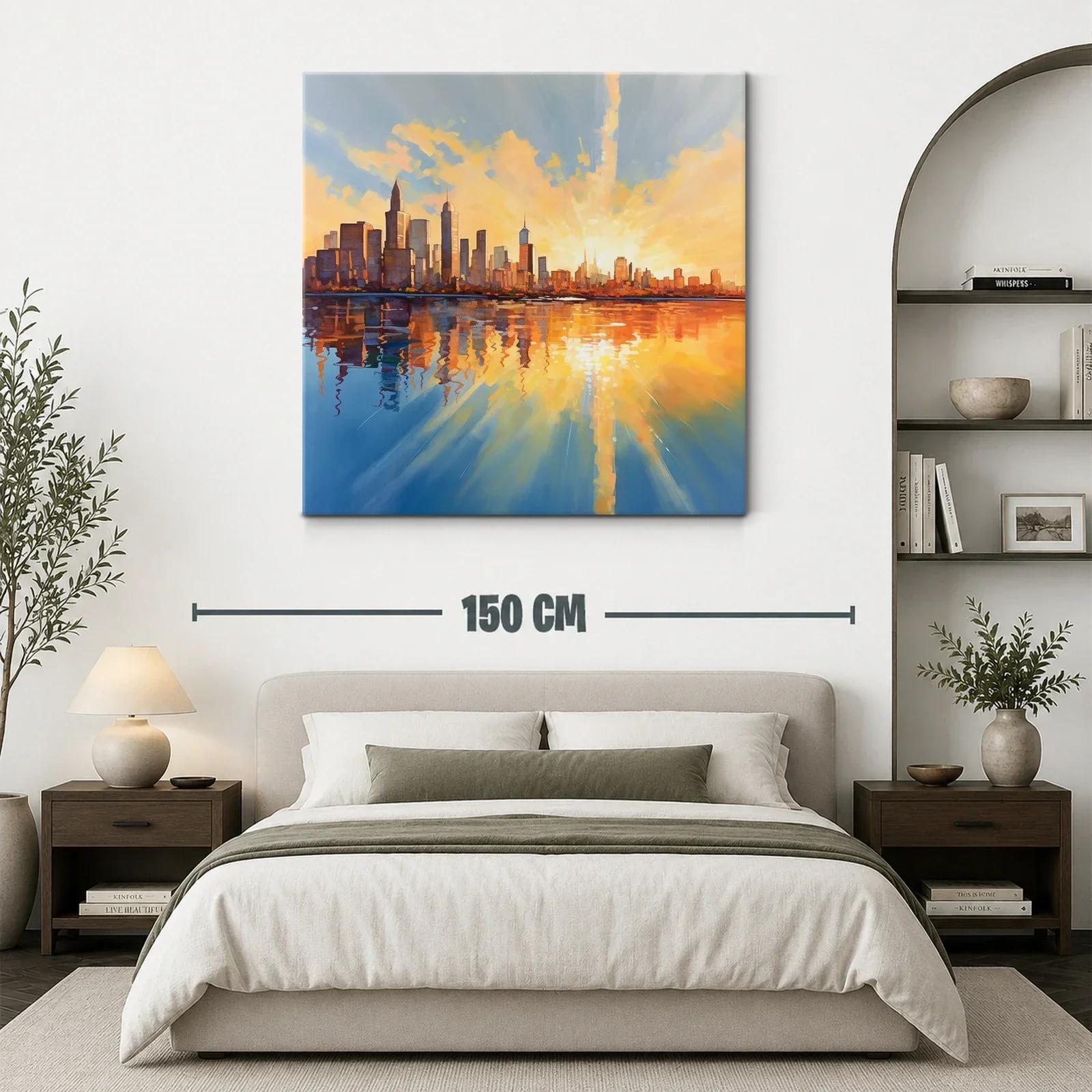 Atardecer vibrante sobre horizonte urbano reflejado en agua — miniatura 3