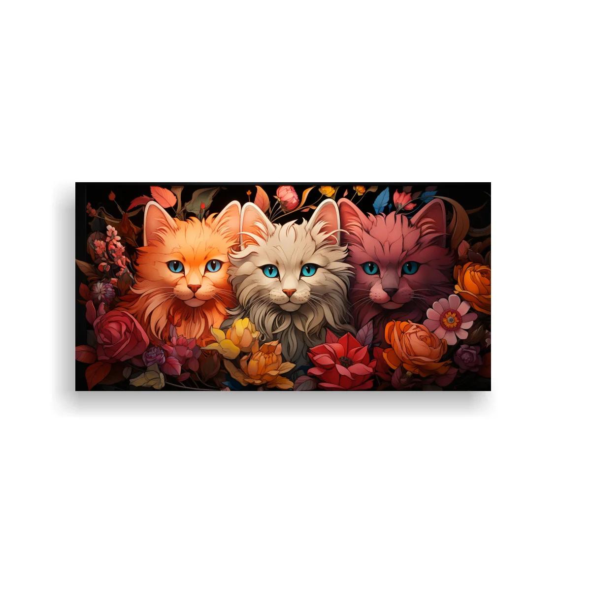Cuadro tres gatos de pelo largo entre rosas