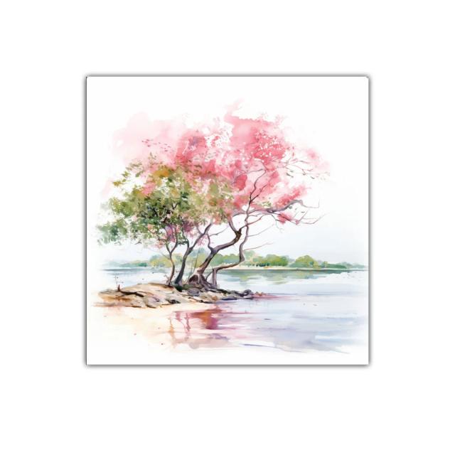 Paisaje sereno con árboles en tonos rosados junto al agua