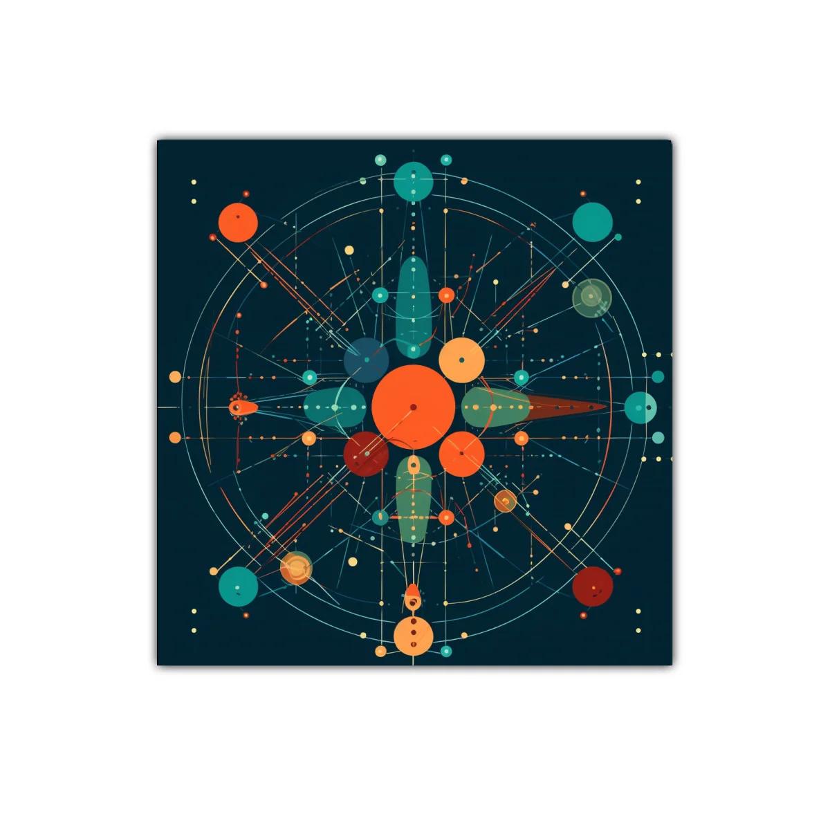 Composición geométrica con círculos y líneas dinámicas en tonos vibrantes
