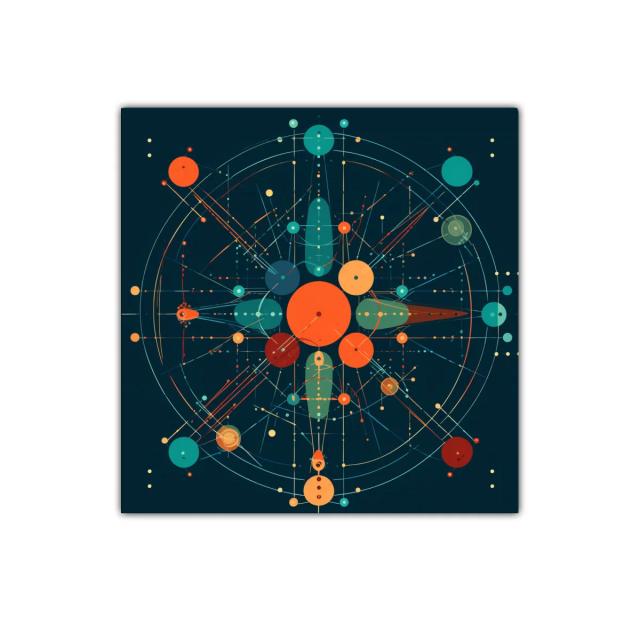 Composición geométrica con círculos y líneas dinámicas en tonos vibrantes