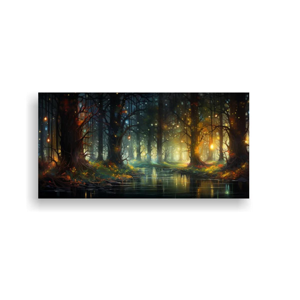 Cuadro bosque oscuro con arroyo y luces brillantes entre los árboles — imagen principal