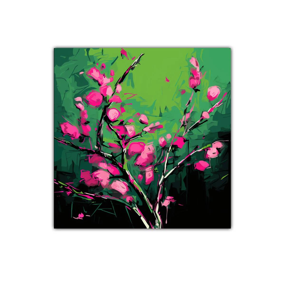 Cuadro vibrante con flores fucsias sobre fondo verde — imagen principal